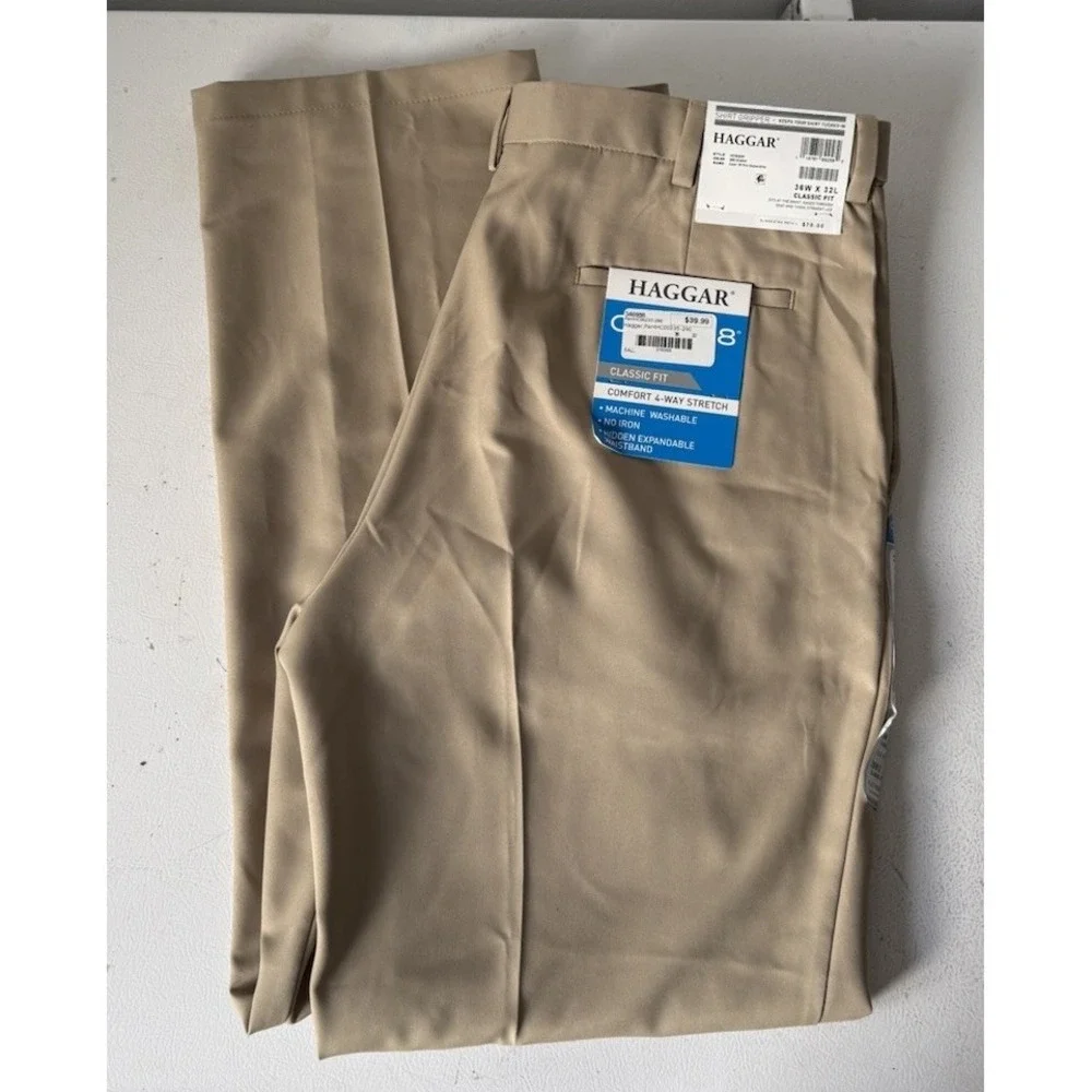 Haggar Dress Pants Mens 36x32 Classic Fit‎ Shirt Gripper 4 Way Stretch Tan